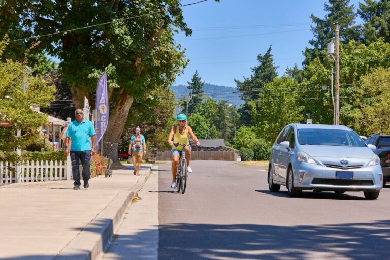 Image depicting pedestrians walking and a cyclist riding along a street, with a car passing by, highlighting the importance of driver safety training for business leaders and teams to ensure safe road practices in everyday environments.